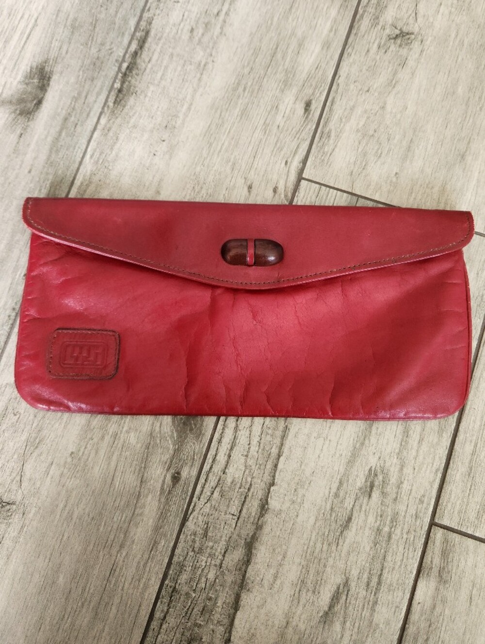 Vintage LYS Red Leather Envelope Clutch Handbag 12” x 6” Wood Clasp